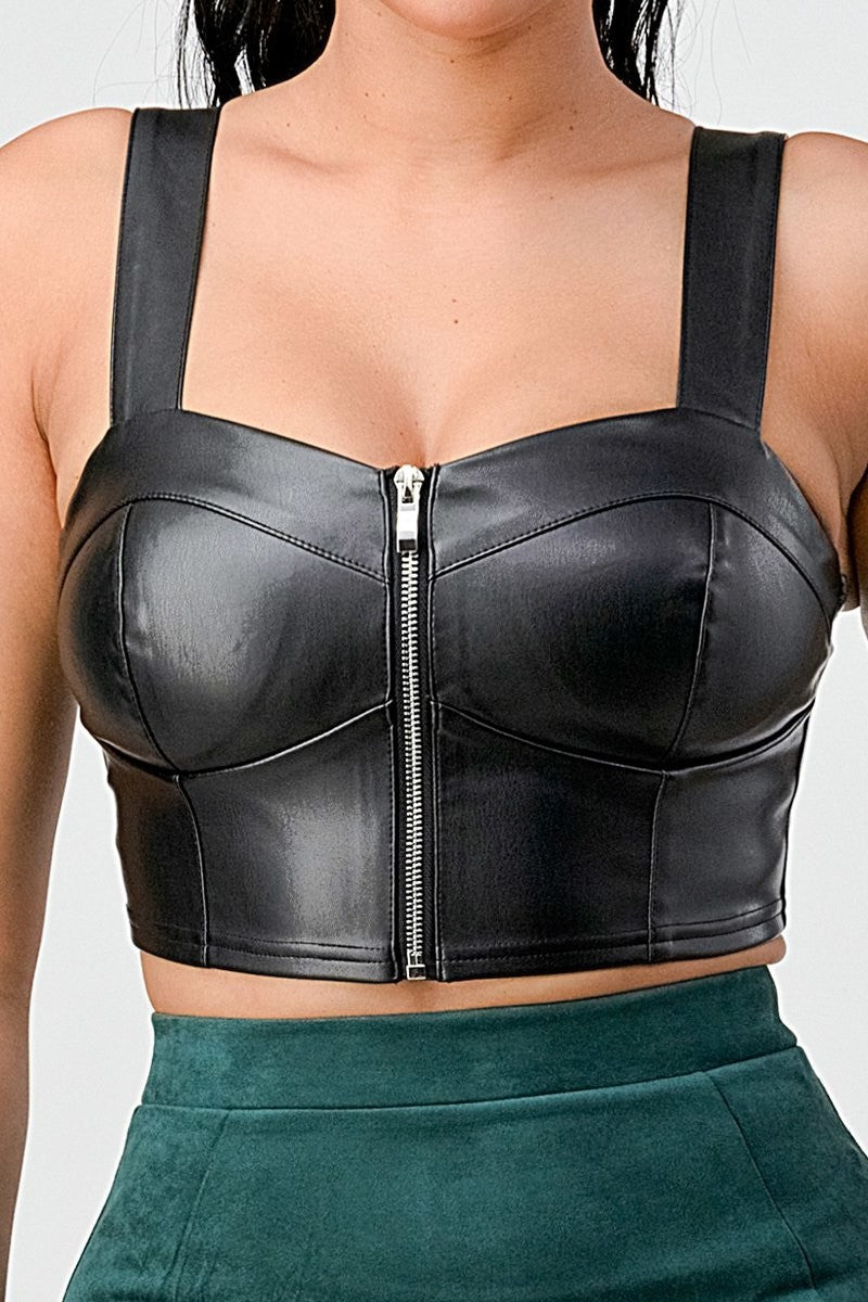 Lux Faux Leather Pu Zipup Strap Sleeveless Cropped Top