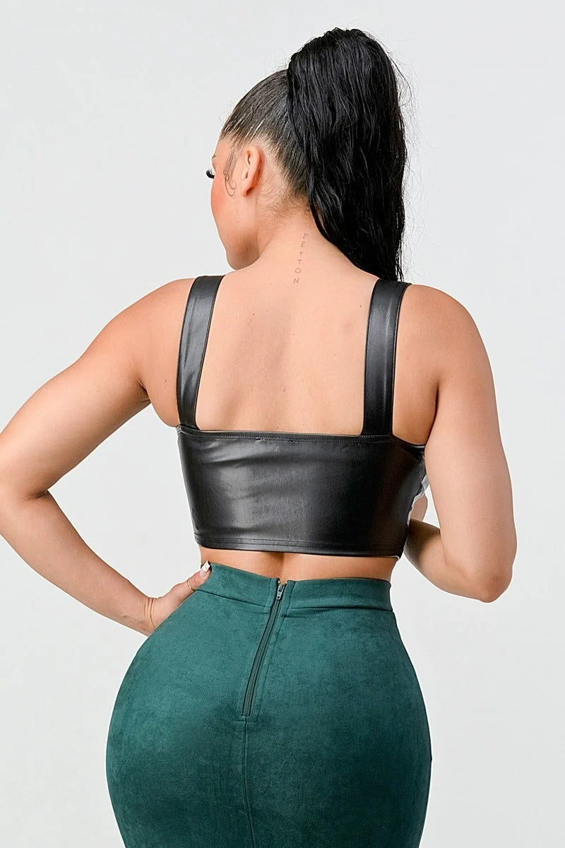Lux Faux Leather Pu Zipup Strap Sleeveless Cropped Top