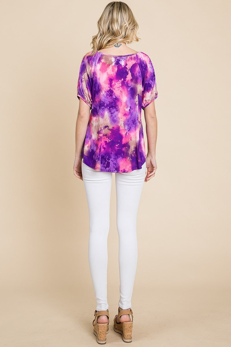 Venechia Tie Dye Bubble Sleeves Tunic Top