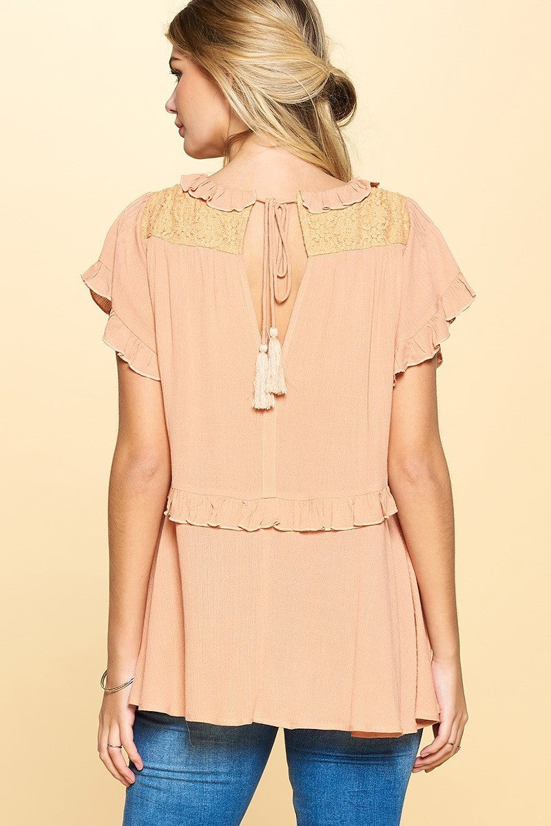 Solid Woven Short Sleeve Blouse