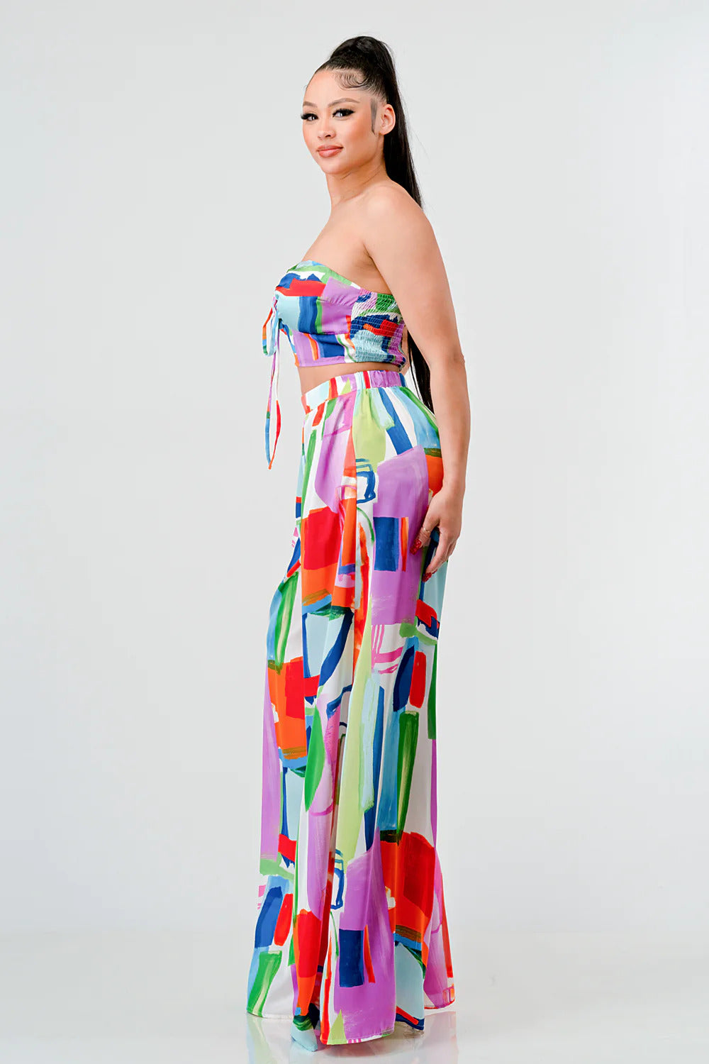 Satin geo print bustier top and palazzo pants sets