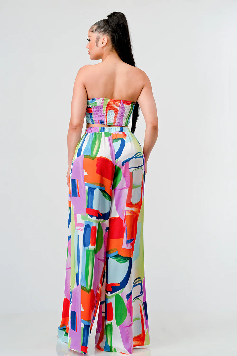 Satin geo print bustier top and palazzo pants sets