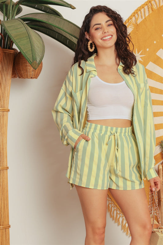 Green & Yellow Striped Button-up Collared Neck Shirt & High Waist Two Pocket Shorts Set