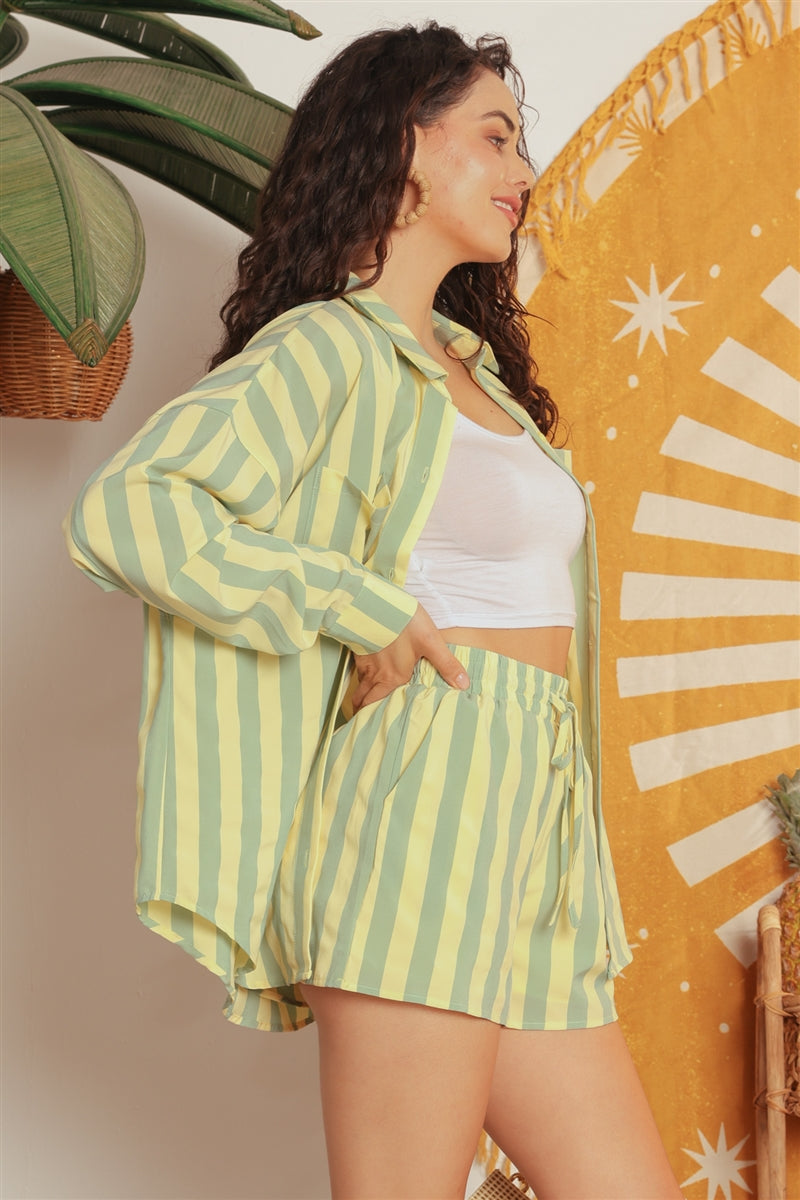Green & Yellow Striped Button-up Collared Neck Shirt & High Waist Two Pocket Shorts Set