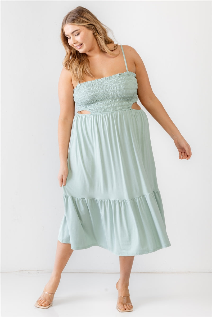 Plus Smocked Cut-out Strappy Flare Hem Midi Dress