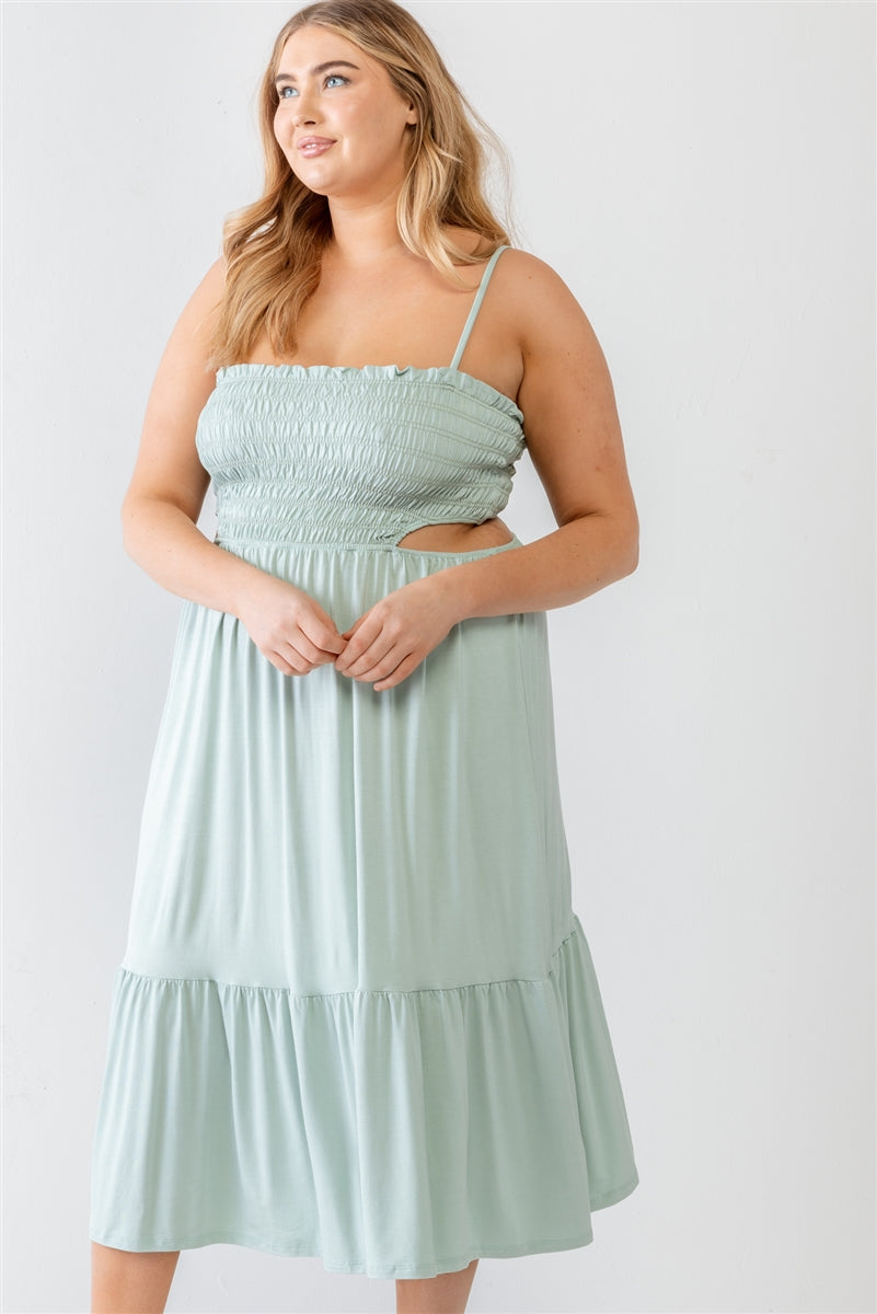 Plus Smocked Cut-out Strappy Flare Hem Midi Dress