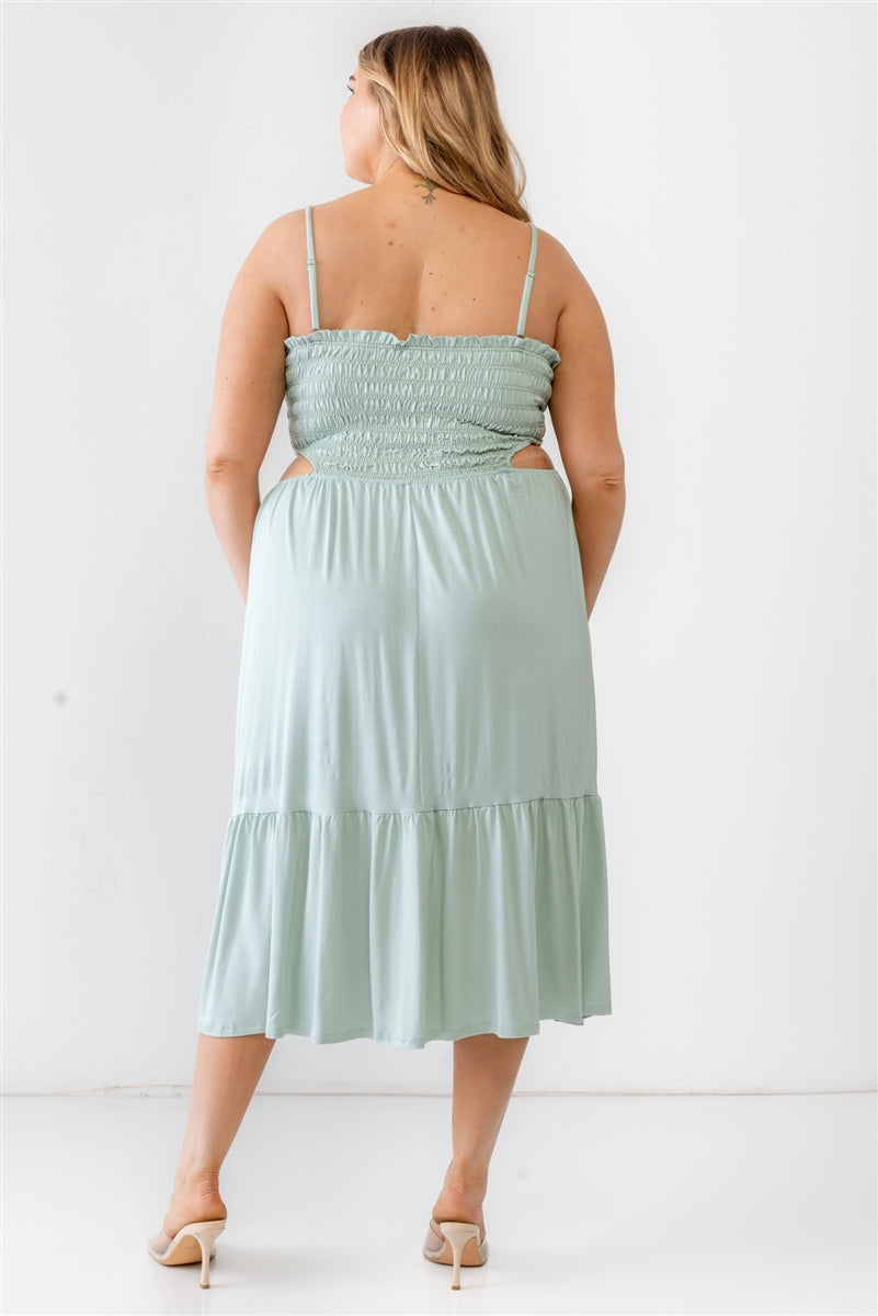 Plus Smocked Cut-out Strappy Flare Hem Midi Dress