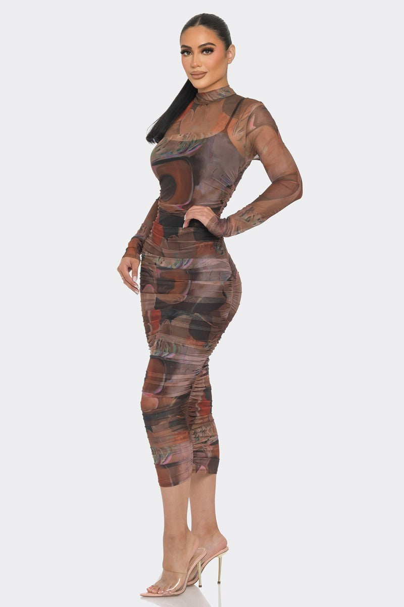 Flower Print Mesh Ruched Midi Dress