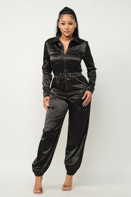 Front Zipper Pockets Top And Pants Jumpsuit