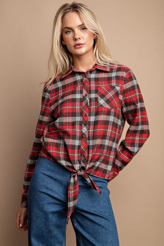 Tie Front Button Down Plaid Shirt With Front Pocket