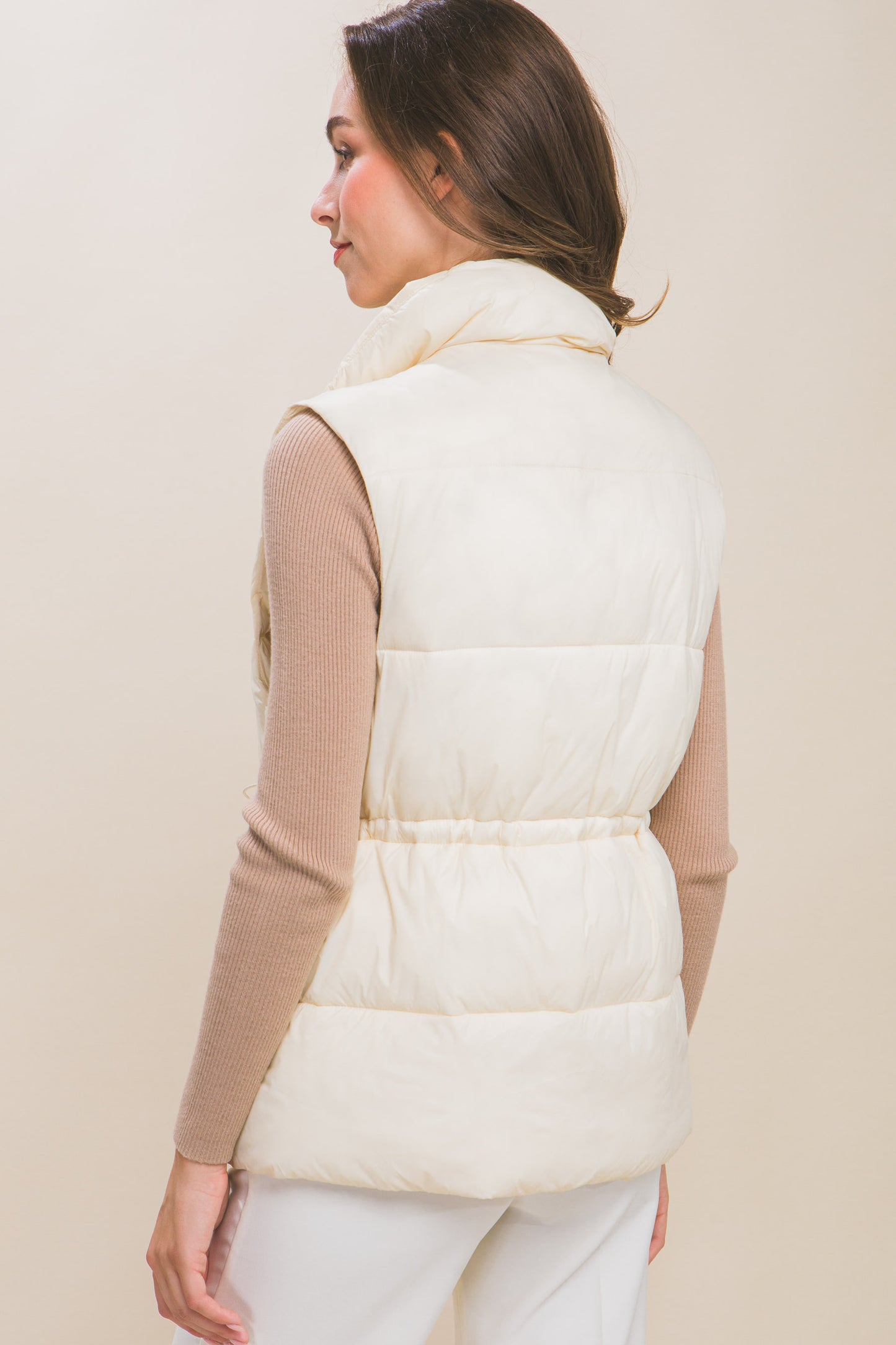 Zip Up Button Puffer Vest With Waist Toggles