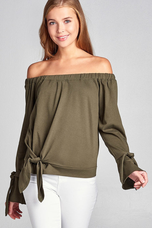 Ladies fashion off the shoulder tie-front french terry top