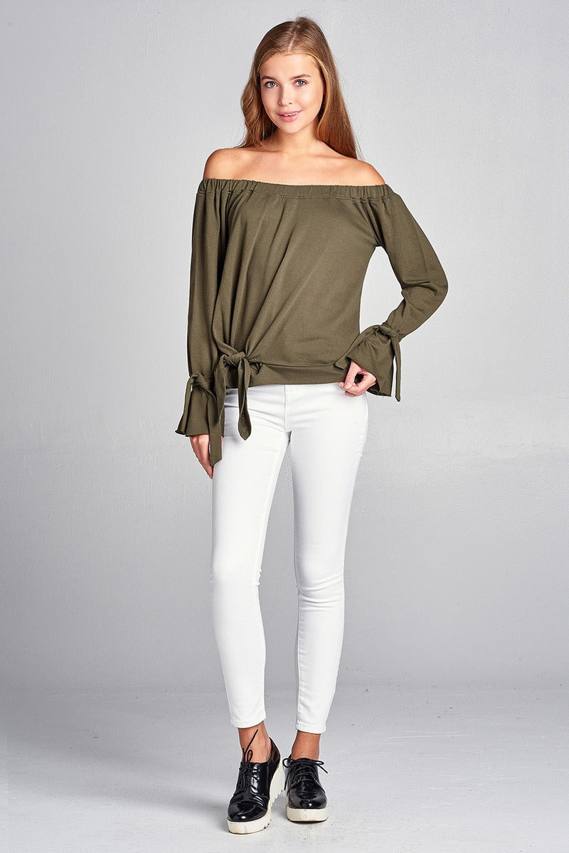 Ladies fashion off the shoulder tie-front french terry top