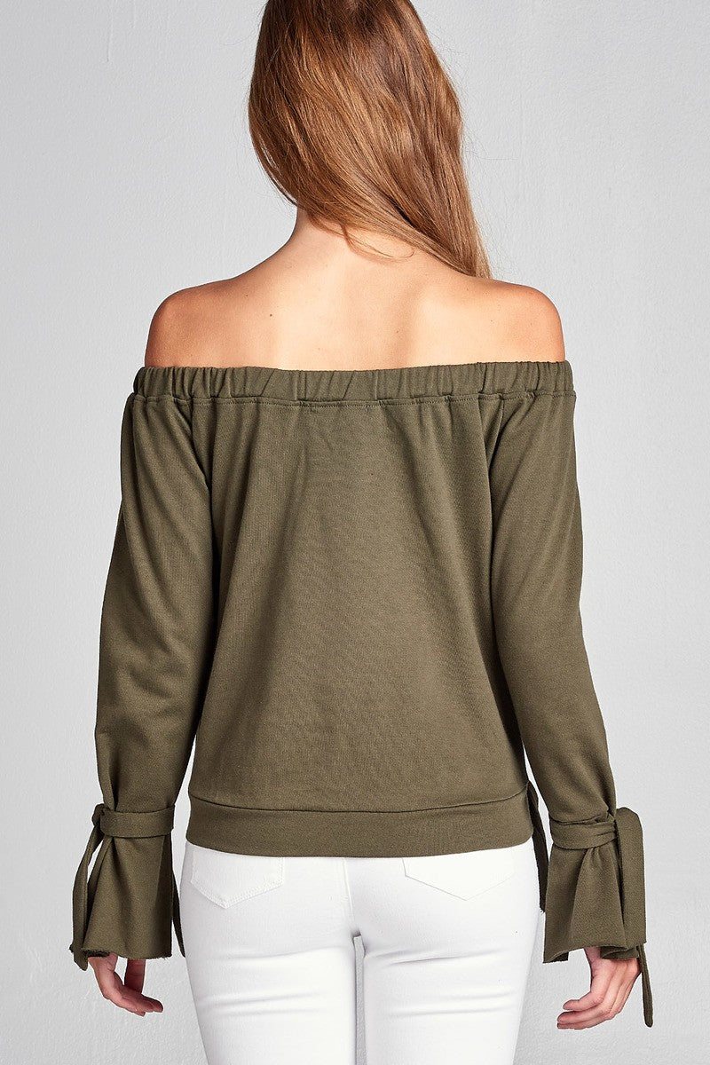 Ladies fashion off the shoulder tie-front french terry top