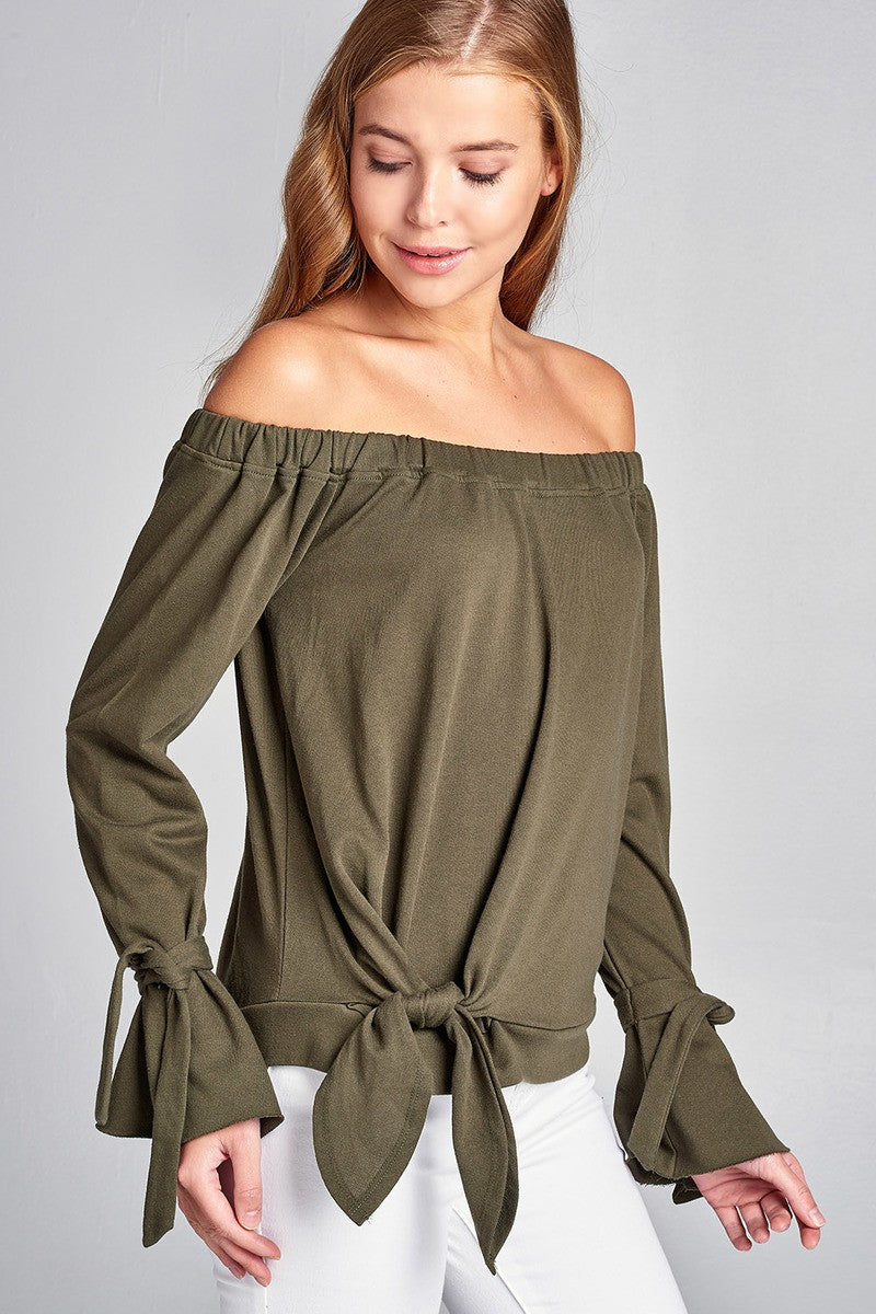 Ladies fashion off the shoulder tie-front french terry top