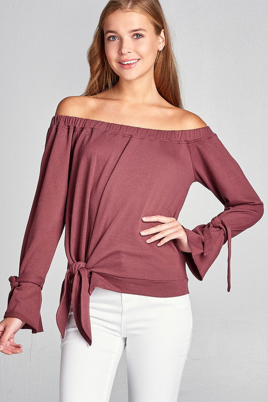 Ladies fashion off the shoulder tie-front french terry top