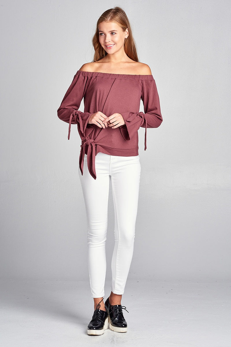 Ladies fashion off the shoulder tie-front french terry top