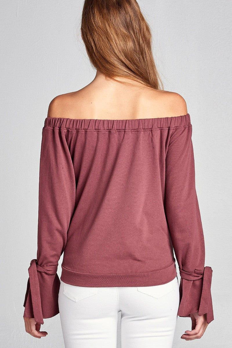 Ladies fashion off the shoulder tie-front french terry top