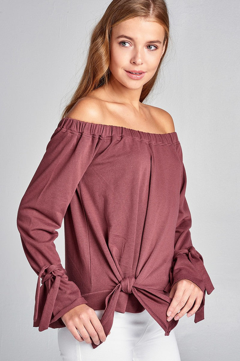 Ladies fashion off the shoulder tie-front french terry top
