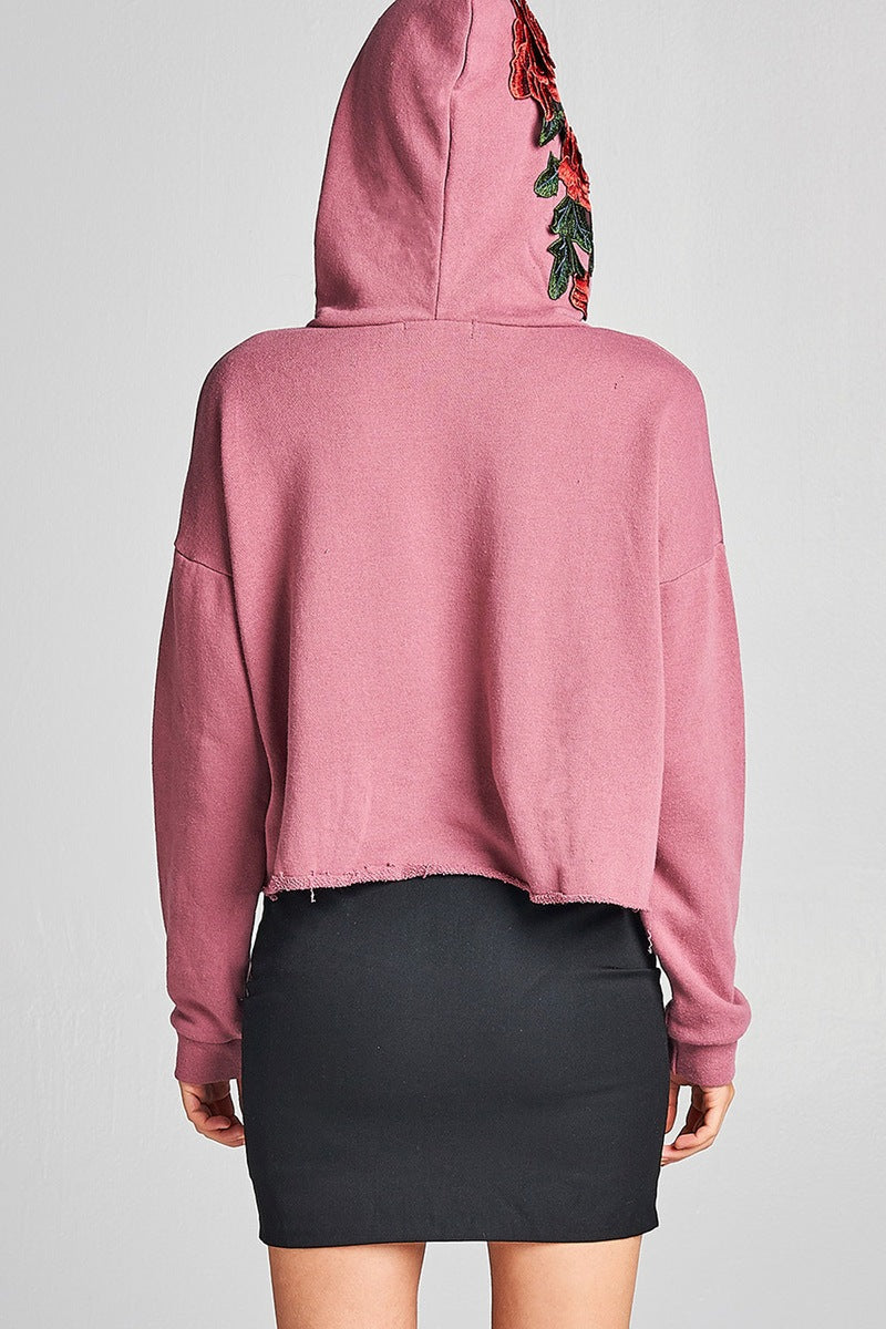 Ladies fashion floral patched hoodie french terry top
