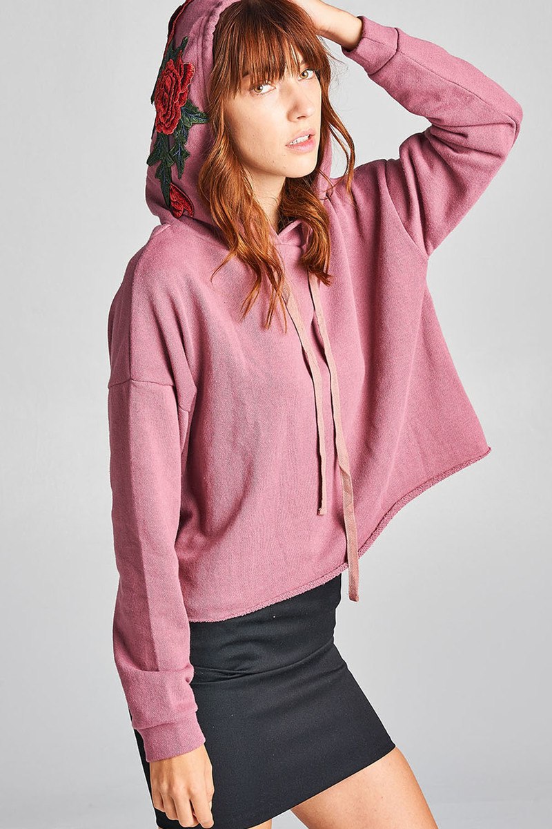 Ladies fashion floral patched hoodie french terry top