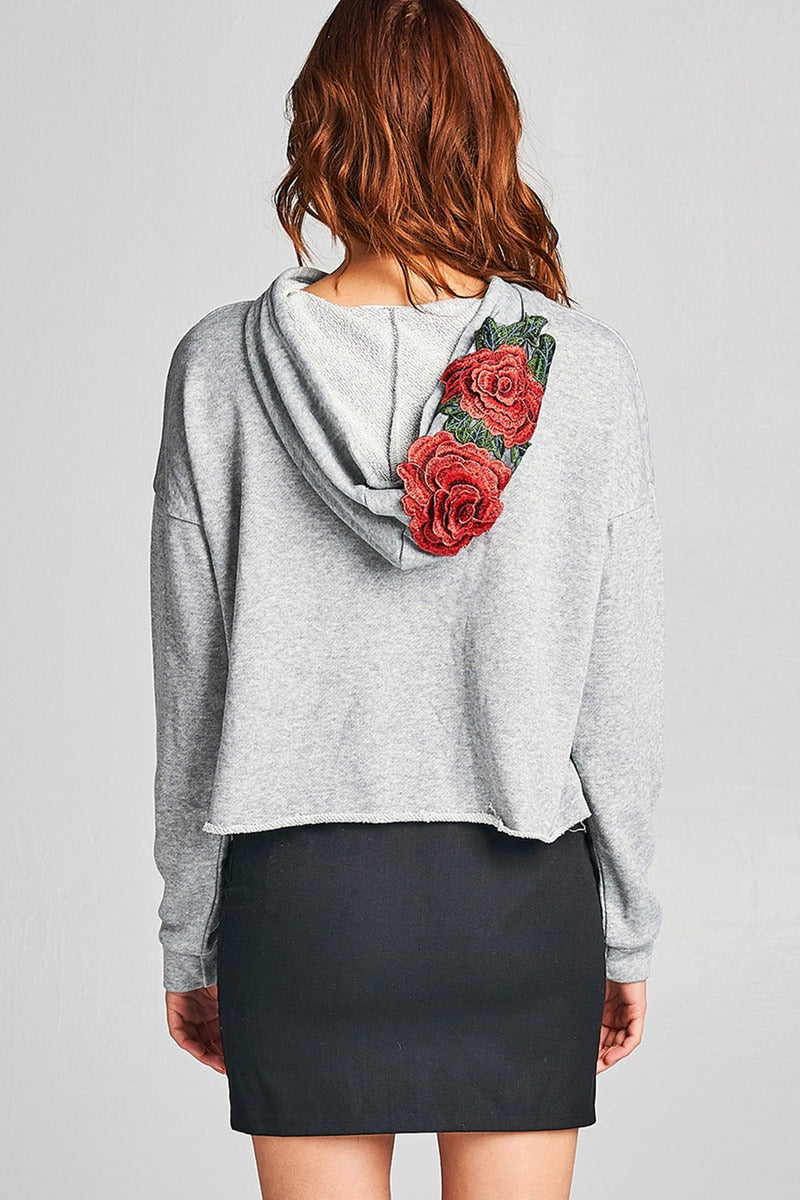 Ladies fashion floral patched hoodie french terry top