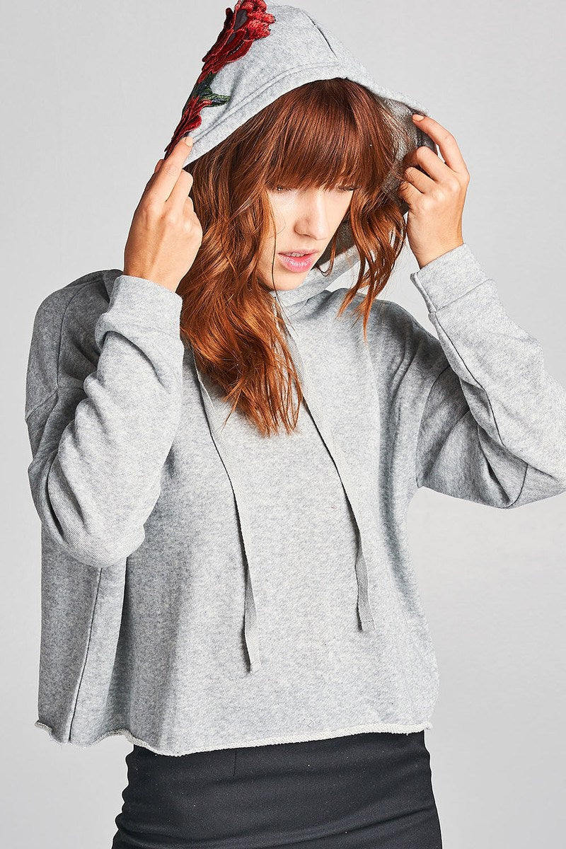Ladies fashion floral patched hoodie french terry top