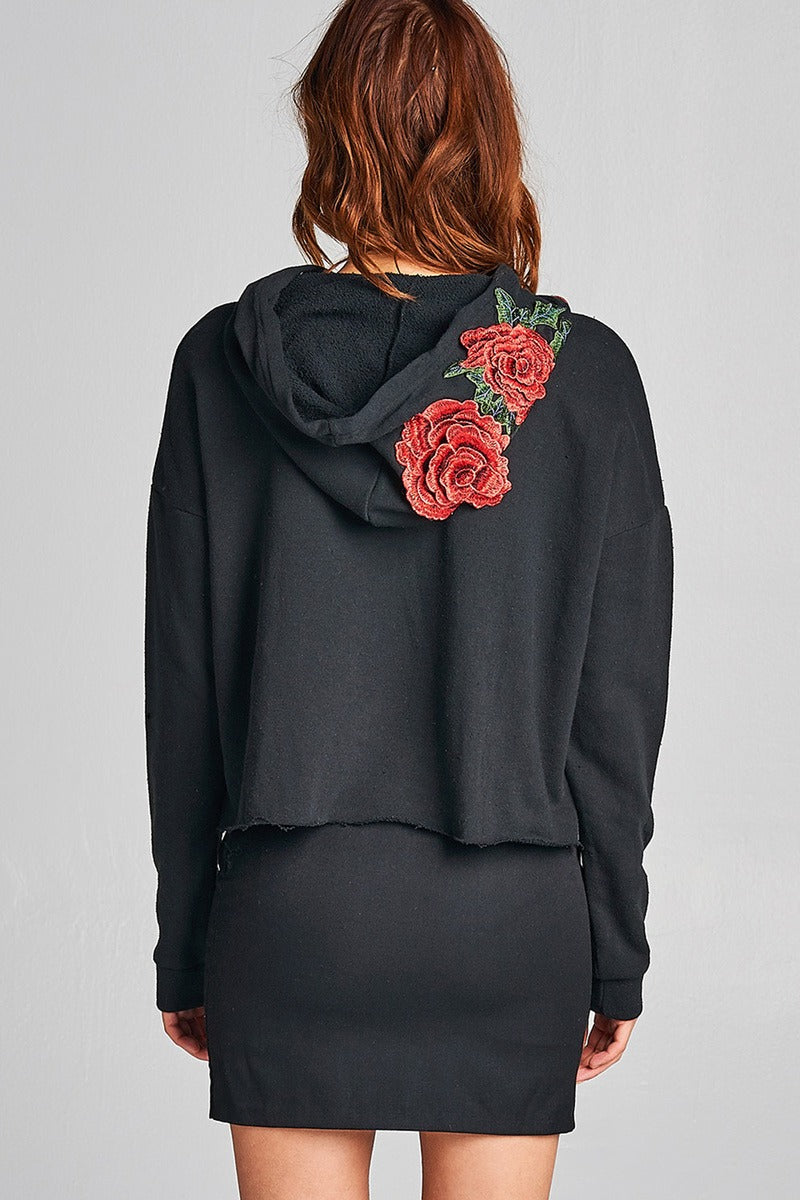 Ladies fashion floral patched hoodie french terry top