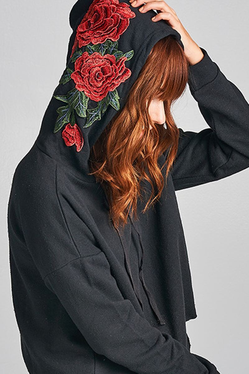 Ladies fashion floral patched hoodie french terry top