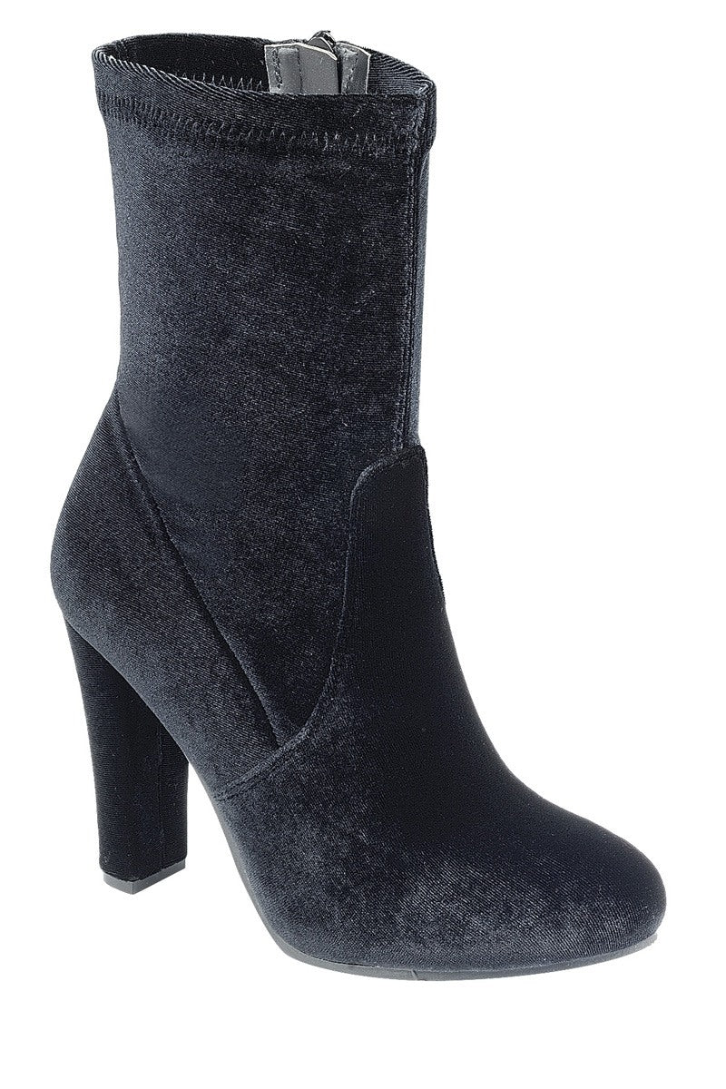 Ladies fashion reflections of sock-like ankle boot, closed almond toe, block heel, zipper closure