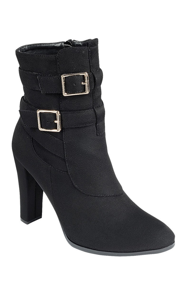 Ladies fashion bold metal buckles ankle boot, closed almond toe, block heel, zipper closure