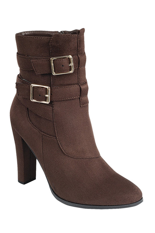 Ladies fashion bold metal buckles ankle boot, closed almond toe, block heel, zipper closure