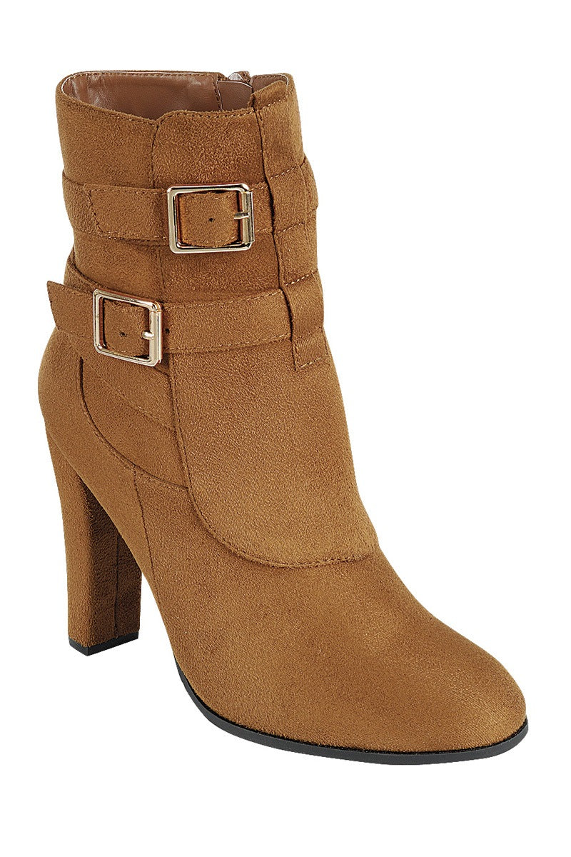 Ladies fashion bold metal buckles ankle boot, closed almond toe, block heel, zipper closure