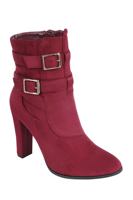 Ladies fashion bold metal buckles ankle boot, closed almond toe, block heel, zipper closure
