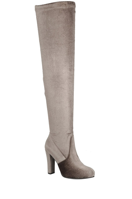 Ladies fashion velvet over-the-knee boot, closed almond toe, block heel, zipper closure