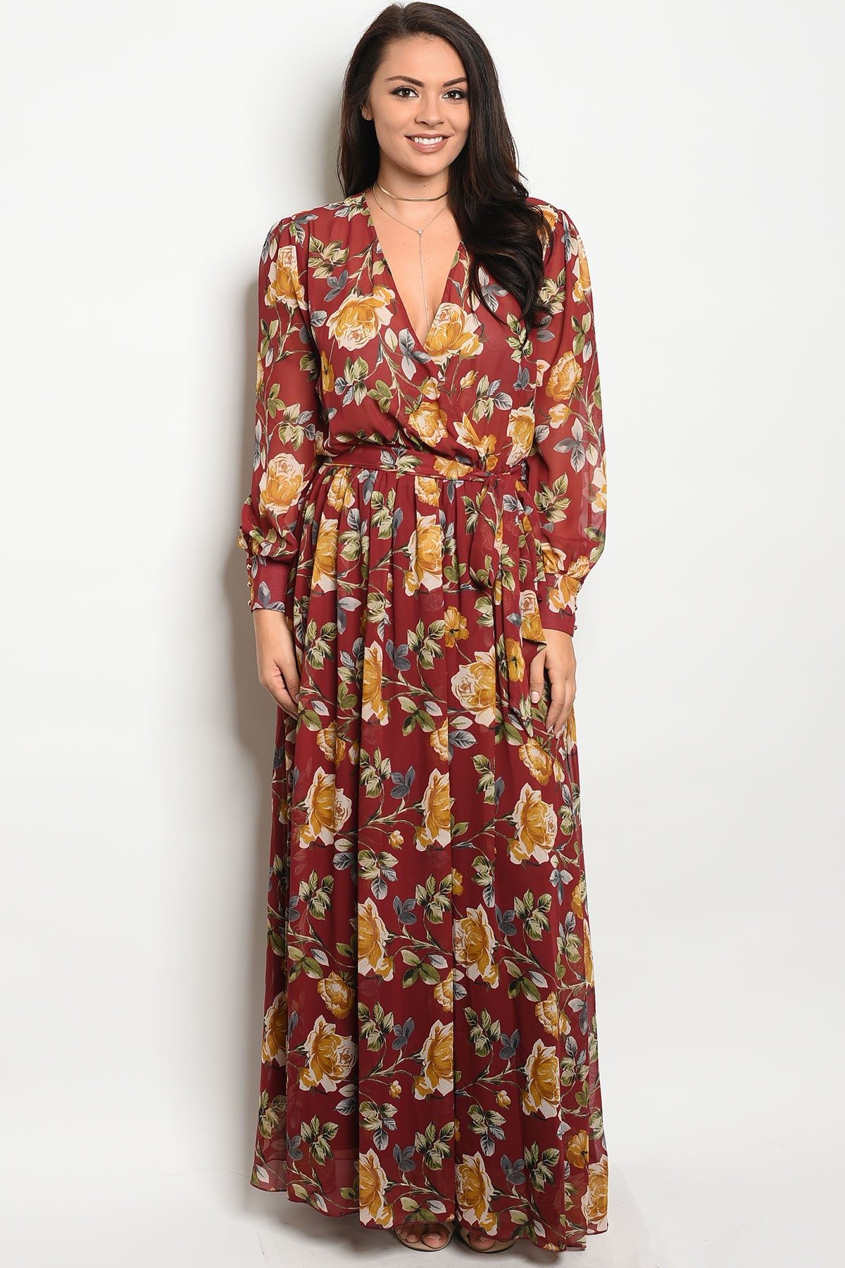Ladies fashion plus size long sleeve printed chiffon maxi dress with a v neckline