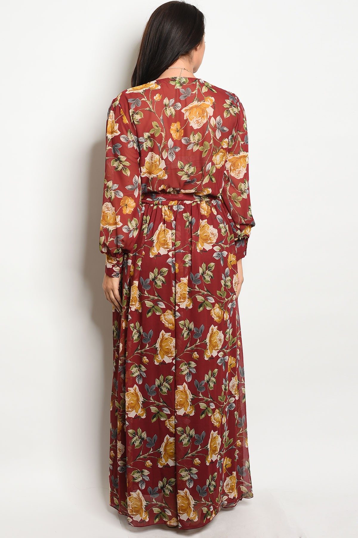 Ladies fashion plus size long sleeve printed chiffon maxi dress with a v neckline