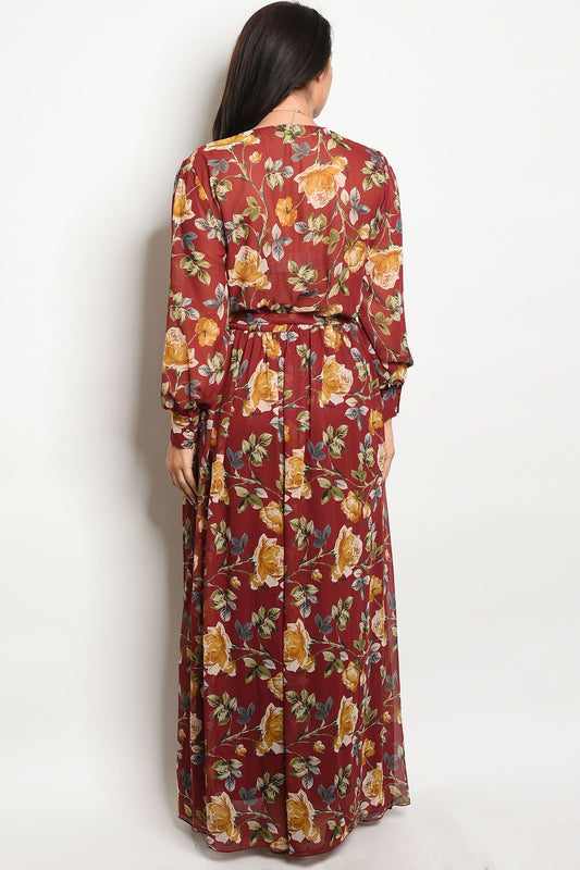 Ladies fashion plus size long sleeve printed chiffon maxi dress with a v neckline