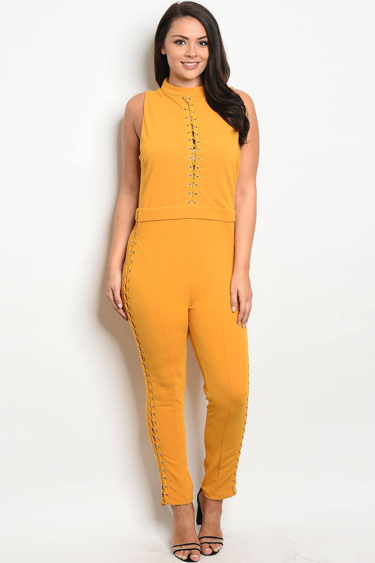 Ladies fashion sleeveless fitted jumpsuit with a mock neckline and lace up details