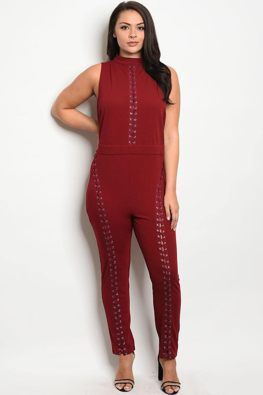 Ladies fashion sleeveless fitted jumpsuit with a mock neckline and lace up details