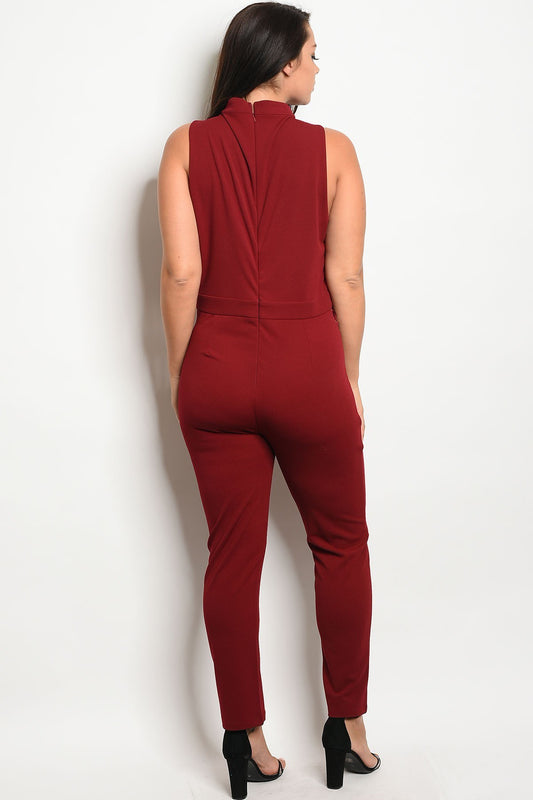 Ladies fashion sleeveless fitted jumpsuit with a mock neckline and lace up details