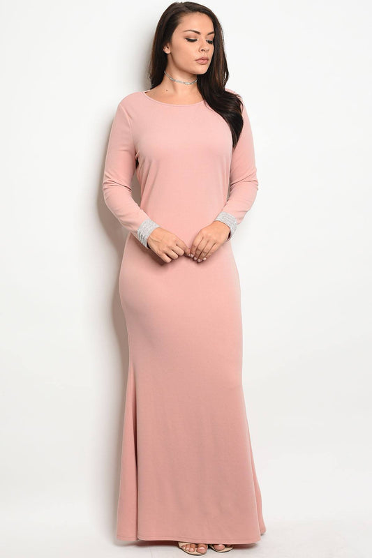 Ladies fashion long sleeve fitted plus size gown with a rounded neckline and open back with jeweled accents
