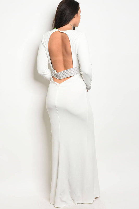 Ladies fashion long sleeve fitted plus size gown with a rounded neckline and open back with jeweled accents