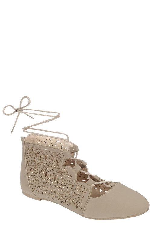 Ladies fashion closed round toe wedge, ballerina style flat, with tie up