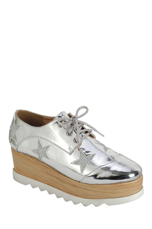 Ladies fashion lace up oxford, closed almond toe, tractor wedge flatform, lace up closure, with decorative star details