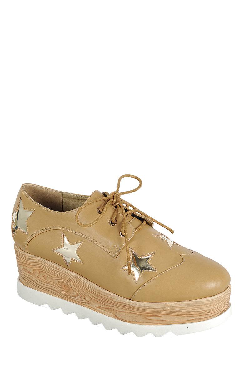 Ladies fashion lace up oxford, closed almond toe, tractor wedge flatform, lace up closure, with decorative star details