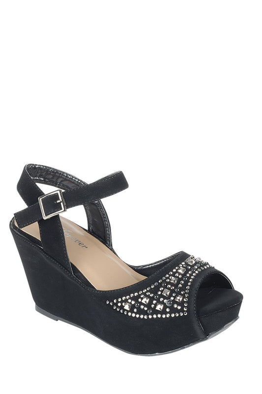 Ladies fashion  wedge sandal, open almond toe, wedge heel, buckle closure, rhinestone-adorned lower