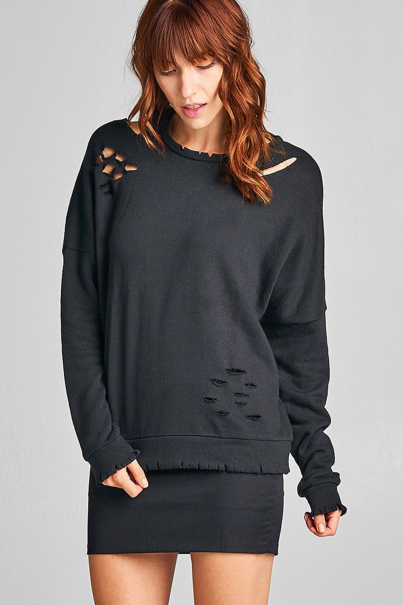 Ladies fshion long sleeve distressed solid french terry top