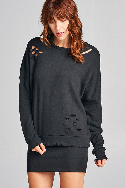 Ladies fshion long sleeve distressed solid french terry top