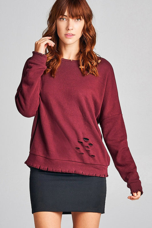 Ladies fshion long sleeve distressed solid french terry top